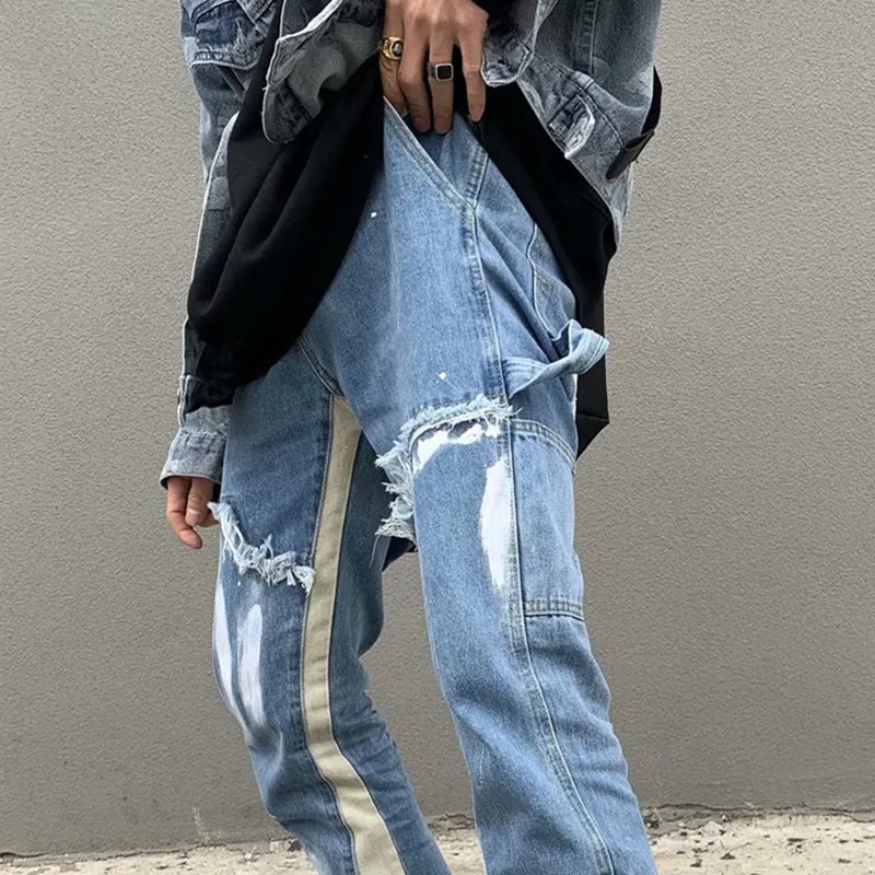 Jean Délavé en Patchwork Bleu pour Homme, Baggy Évasé, Pantalon Droit, Vintage, Denim, FjPantalones Zones bre, Y2K, 2023