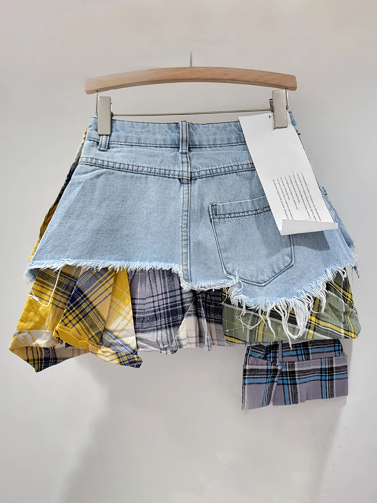 DEAT Women\'s Denim Skirt Colored Plaid Patchwork Irregular Deconstructed A-line High Waist Mini Skirt 2024 Autumn New Fashion