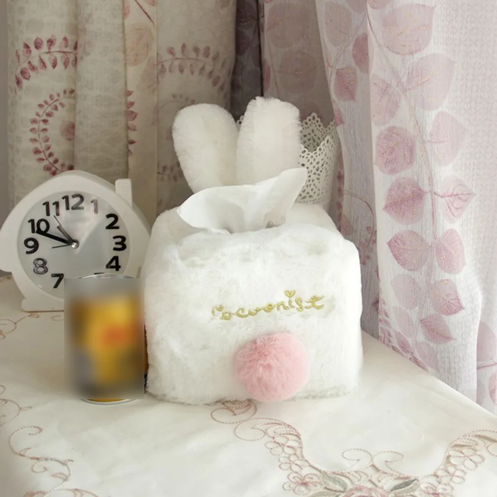 Rabbit Ear Tissue Box Plush Napkin Storage Container Convenient Paper Towel Organizer for Home Bar Office (Pink Rectangle)