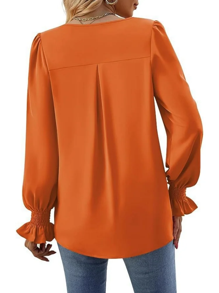 Women Spring Summer Style Blouses Shirts Lady Casual Long Sleeve V-Neck Solid Color Blusas Tops DF4998