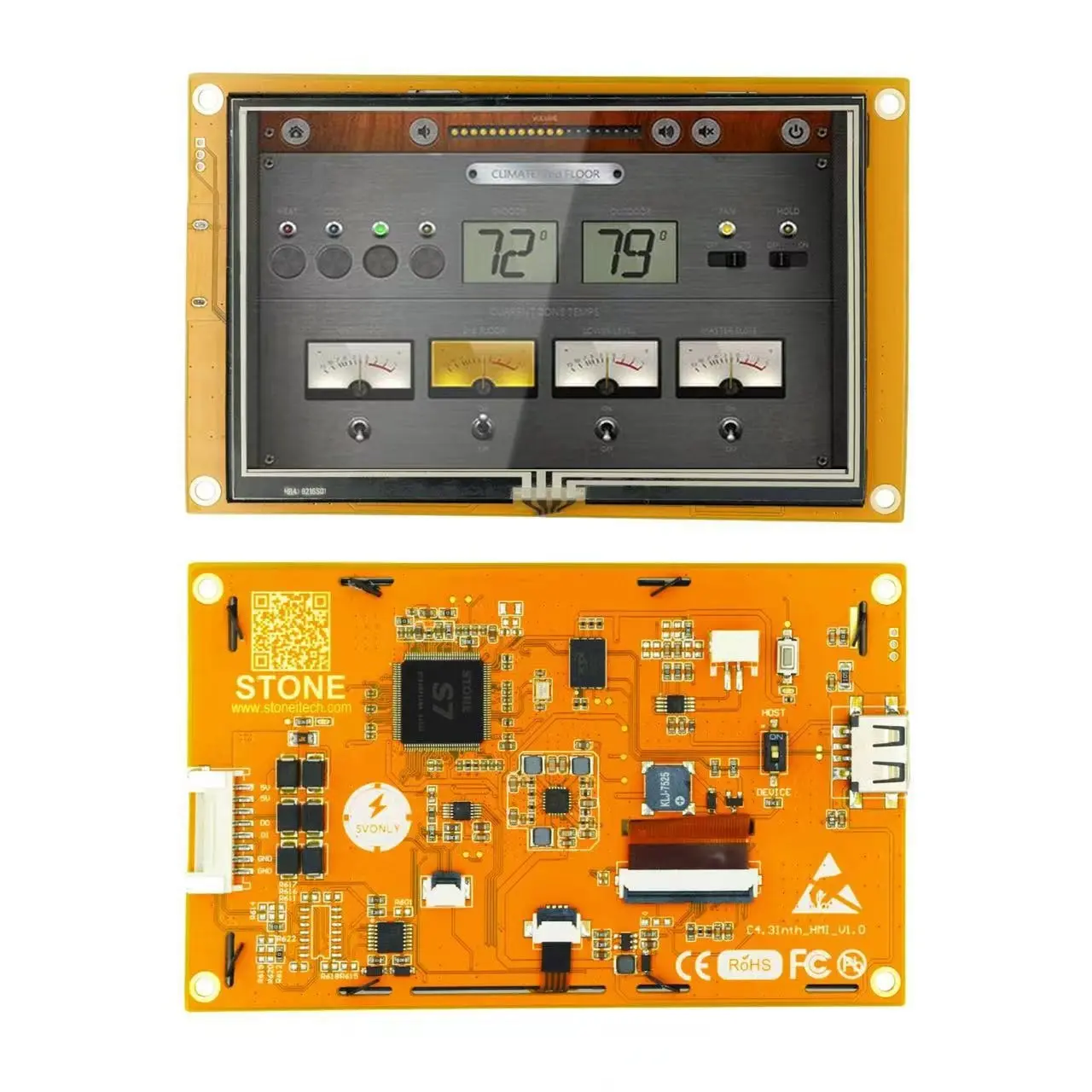 

4.3" TFT monitor & Touch controller 128MB of flash memory for HMI projects, 1G Hz Cortex A8 CPU, and 262k true-to-life colors V