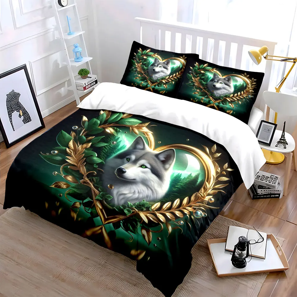 Golden heart wolf with forest Print Bedding Set 1 Duvet Cover 2 Pillowcases for Adult and Children Luxury Gift Full Size