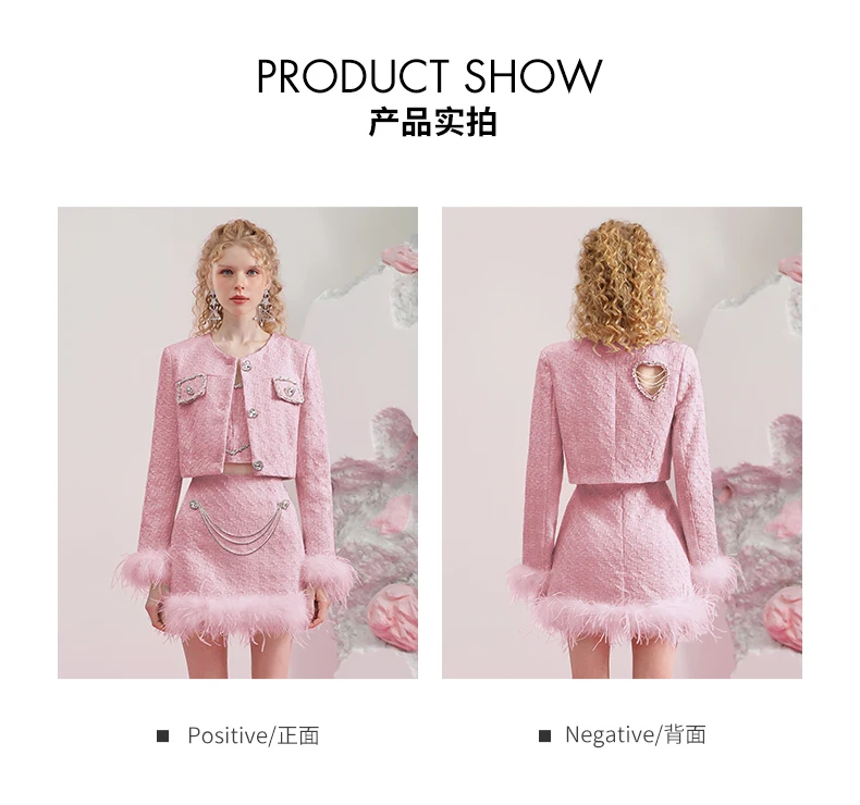 Intellectual Generous Pink Dignified Elegant Suit Set Winter Hot Drilling Top Love Vest Feather Short Skirt Three-Piece Set