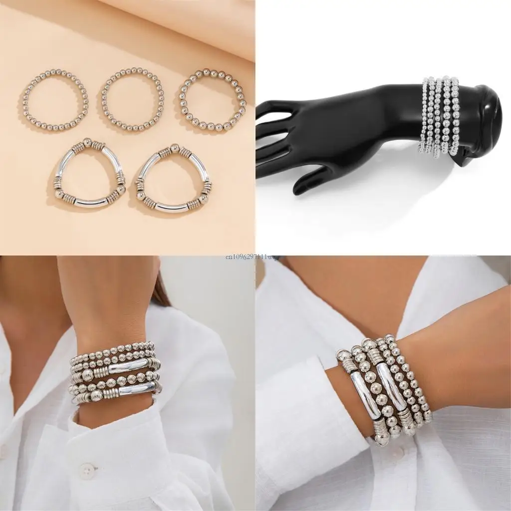 5pcs Metal Chain Bracelets for Women Men Stackable Jewelry Silver Gold Tone