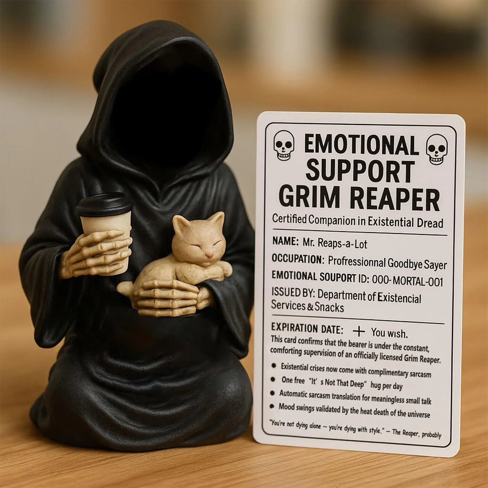Funny Grim Reaper Figurine Dark Humor Desktop Decor for Gothic Home Office Bookshelf Halloween Cat Lovers Gift Ornament