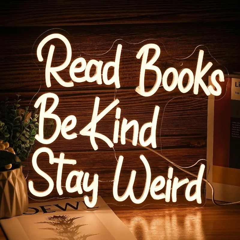 Read Books Be Kind Stay Weird Neon Sign Dimmable USB Powered 14.17’’X13’’Cool Wall Decorative Party Decoration Gifts（Warm White）