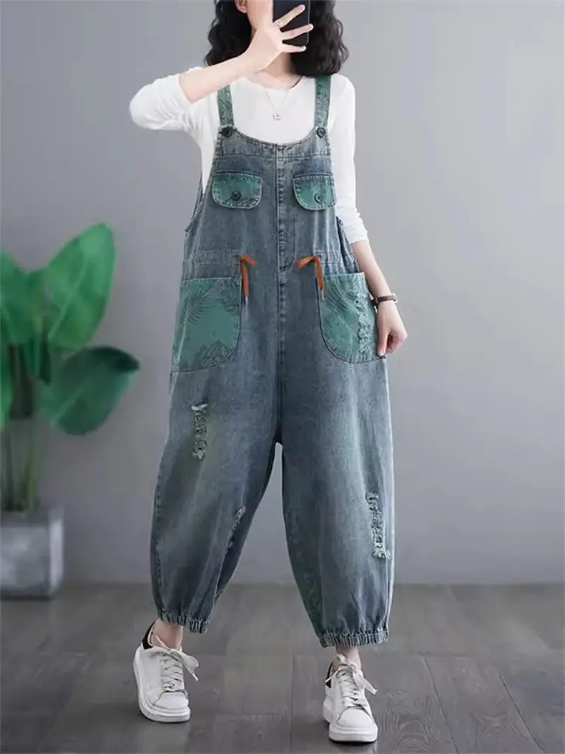 

Large Size Retro Printed Ripped Denim Overalls Jeans For Women Drawstring Waist One-Piece Lantern Pants Jumpsuits Playsuit K1916