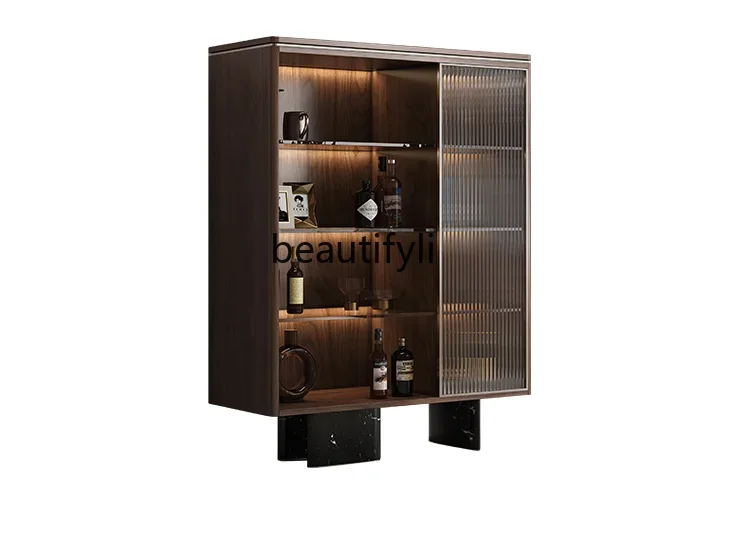 

Italian Minimalist Black Walnut Wooden Sideboard Cabinet Living Room Wall Storage Glass Wine Cabinet Display Cabinet