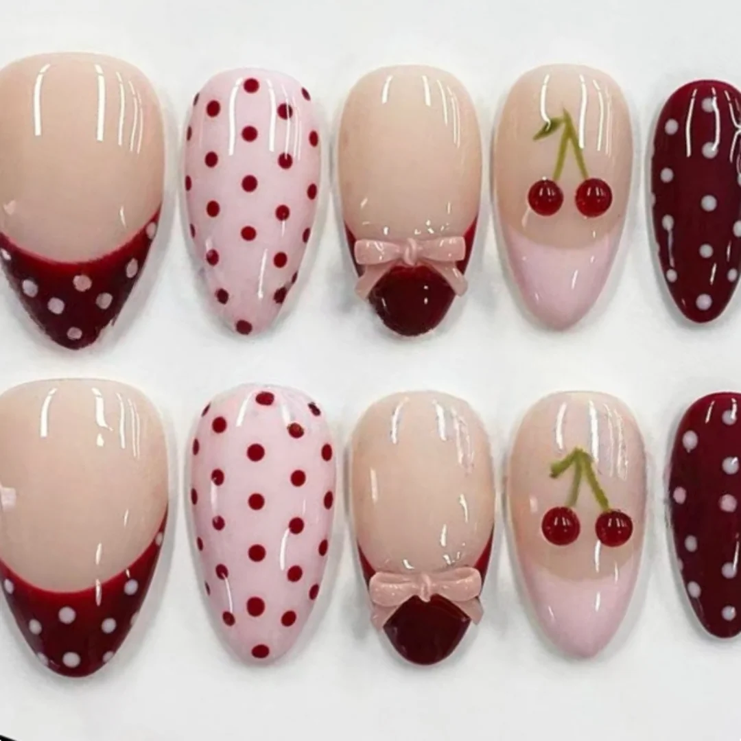 

10pcs Wearable Handmade Nails Sets Press on Sweet Bow Polka Dot Design Fake Nails Tips French Pink Short Almond False Nail Art
