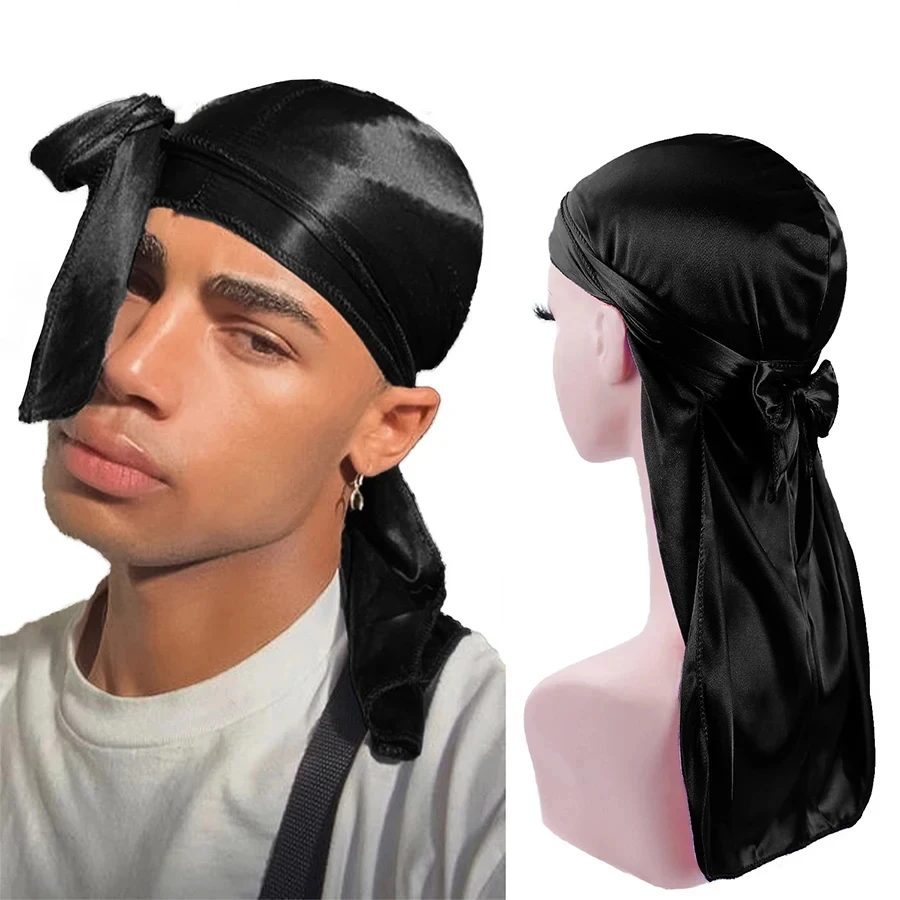 Modna satynowa Durag Turban peruka Durag Biker czapka piracka czapka dla mężczyzn akcesoria do włosów długi tren paski bandany