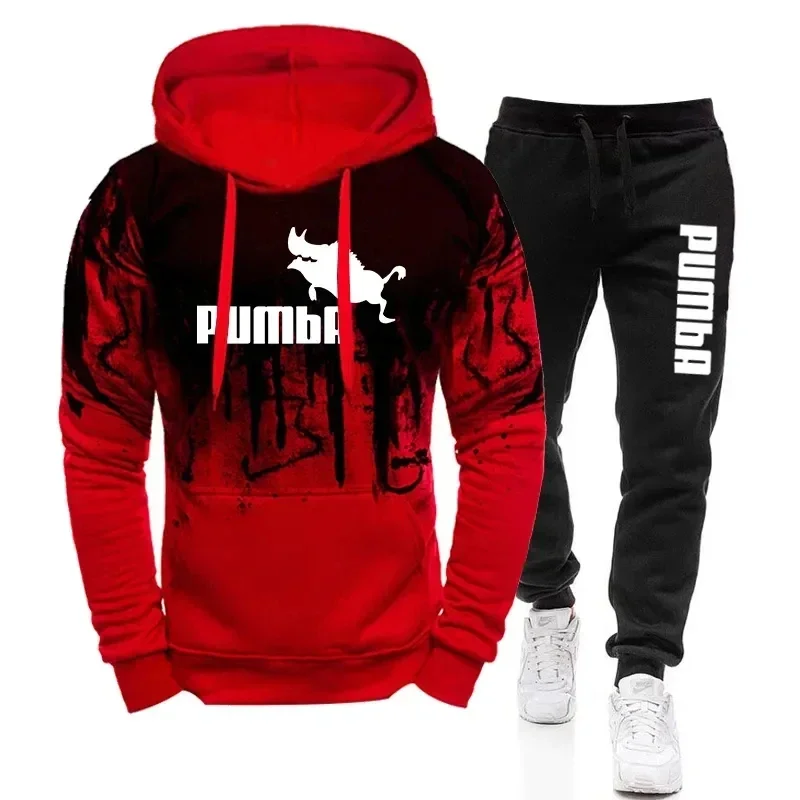 Men's leisure jogging fitness long-sleeved tracksuit spring and winter hoodie and black sweatpants two-piece set