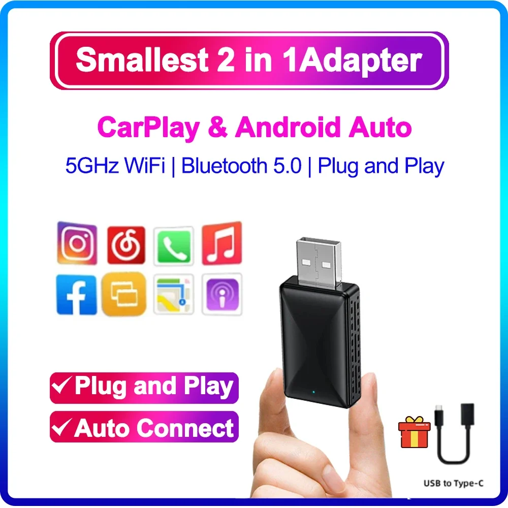 

Wireless Carplay Adapter Android Auto Smart USB Dongle Plug and Play 2in1 For Jeep Kia Audi VW Hyundai Volvo