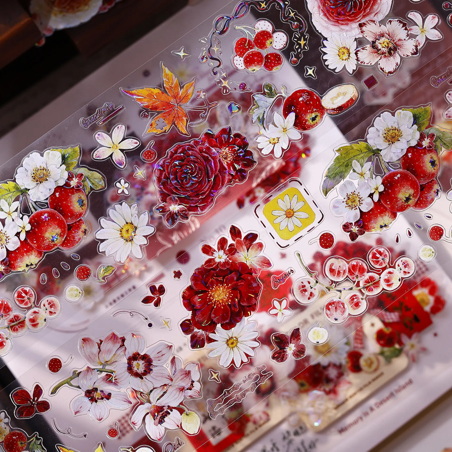 

Flower and Fruit Shiny Washi Pet Tape Roll DIY Journal Scrapbook Red Fruit Coagulation Journal