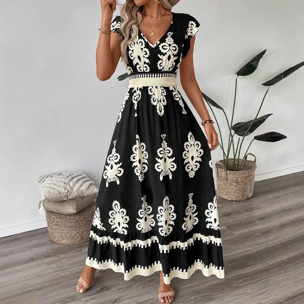 Dresses Summer Casual Paisley Nipped Waists Short Sleeve V-Neck Midi Daily Shirt Dresses For Women