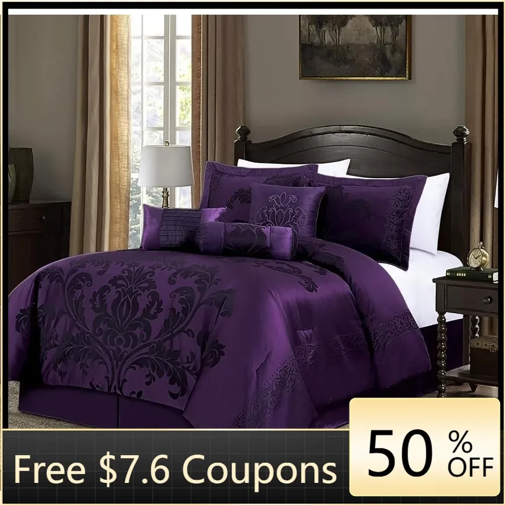 7-Piece Jacquard Floral Comforter Set (Queen Bed Linen Set Purple/Dark Purple) Freight Free Sets Bedding Home Textile Garden