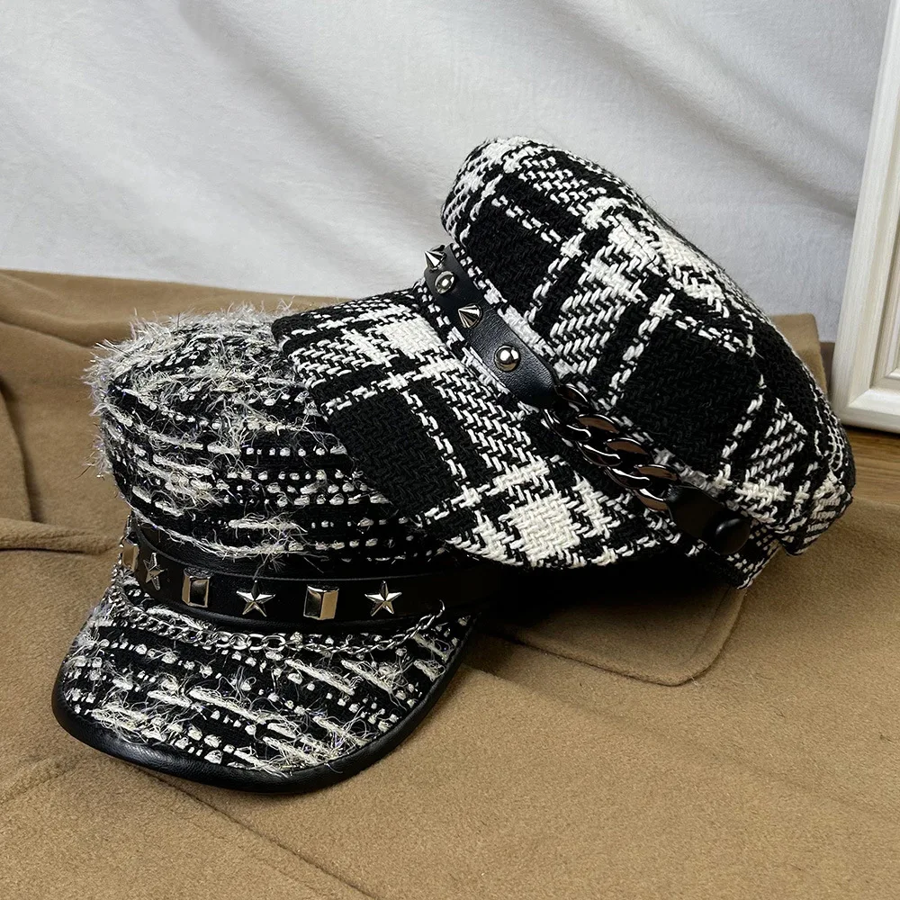 Ladies' Vintage Check Octagonal Hat Autumn/Winter Fashionable Versatile Elegant Casual Flat-Top Hat