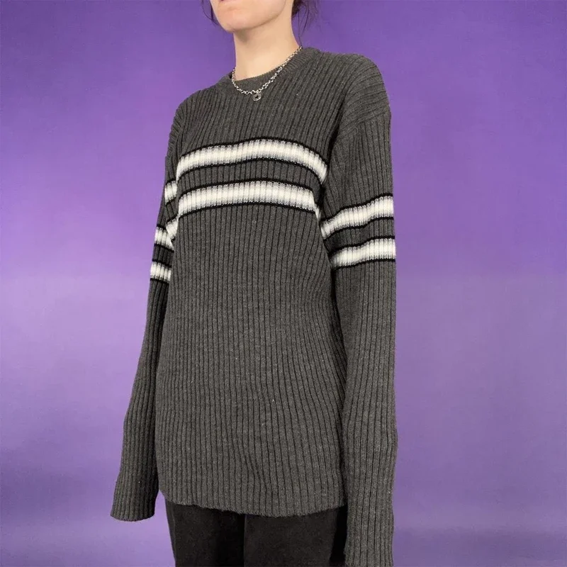 Y2k Grunge Autumn Street Style Oversized Knitted Jumpers 90s Vintage Striped Sweater Ribbed Long Sleeve Grandpa Pullovers