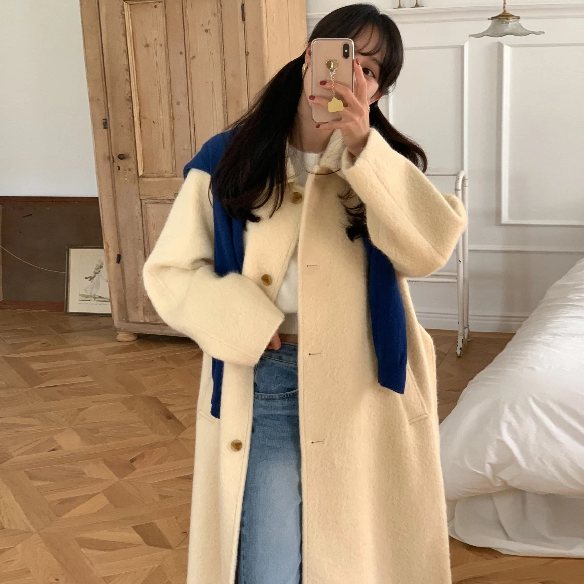 

Теплое шерстяное пальто женское винтажное с отложным воротником средней длины, простое, для повседневной носки, осенне-зимняя верхняя одежда