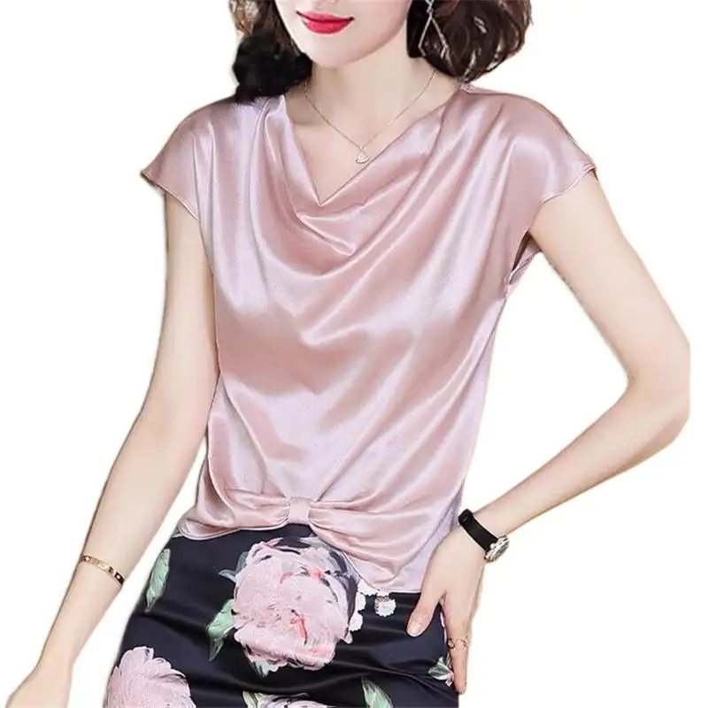 Fashion Elegant Ladies Swing Neck Bow Asymmetric Pink Acetate Satin shirt Tops Luxurious Vintage Versatile Ice Silk blouse