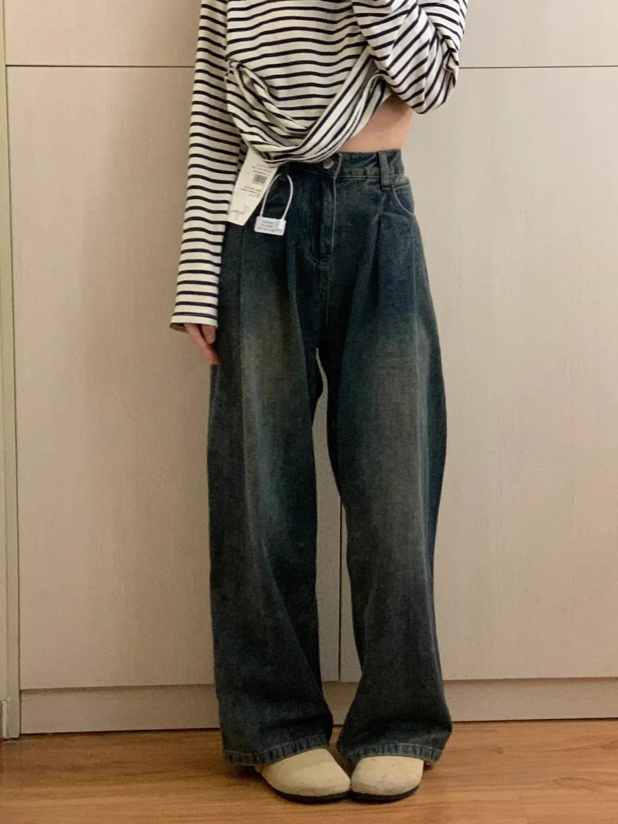 

Retro Wide Leg Denim Jeans Women's Spring Autumn High Waist Loose plus Size Straight Cut Cement ey American Sle Jeans