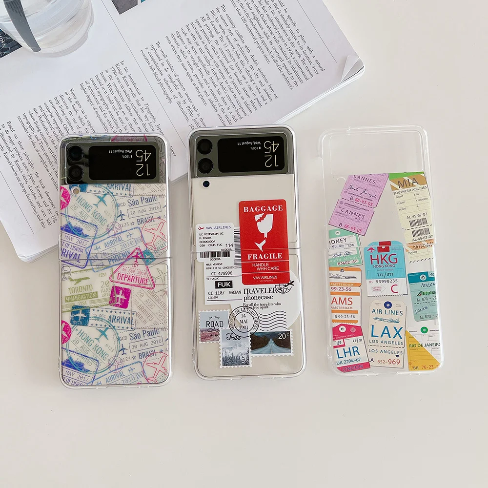 Ins Fashion Stamp Boarding Pass Seal Label Phone Case for Samsung Galaxy Z Flip 3 ZFlip3 Lovely Transparent Soft Cover