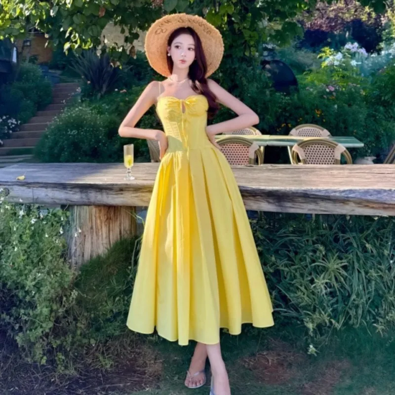 

Лето 2022, платье без рукавов на подтяжках, женское желтое темпераментное платье миди с завязками на талии и вырезом для похудения, трапециевидное платье миди