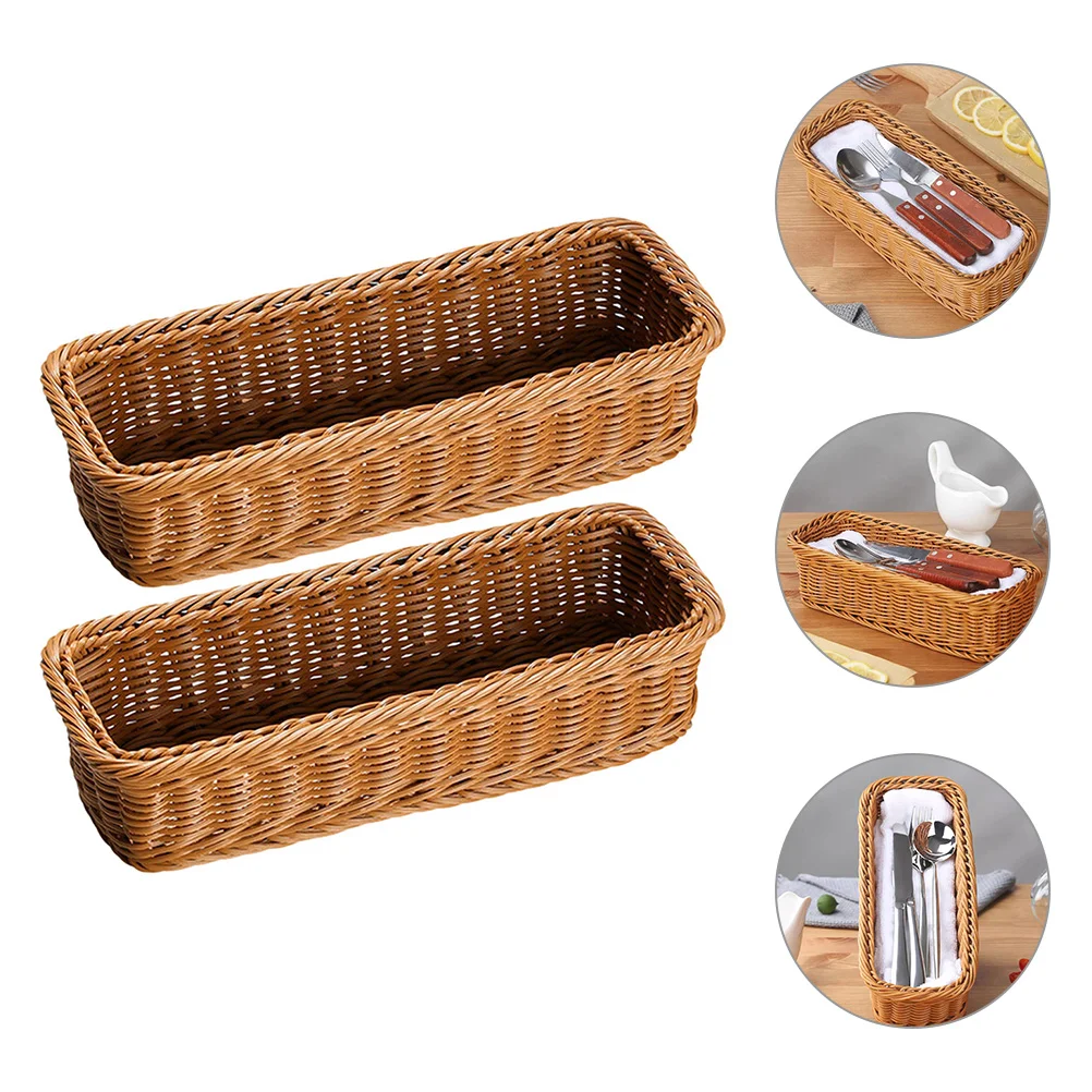 

2 Pcs Brown Wicker Cutlery Basket Kitchen Storage ganizer Bathroom Counter Spice Jar Holder Decorative Table Home Accessory