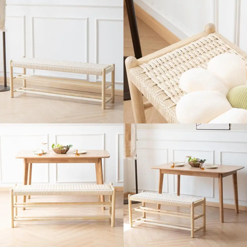 مقعد مدخل من خشب البلوط الريفي مع مساحة تخزين للأحذية المنسوجة، بطول 45 بوصة لغرف المعيشة وغرفة الطعام #1