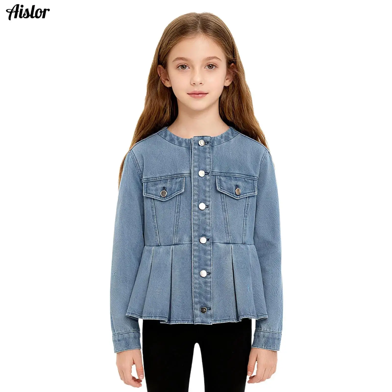 

Kids Girls Denim Jacket Coat Spring Autumn Fashion Long Sleeve Button Down Pleated Outerwear with Fake Pockets Casual Costume