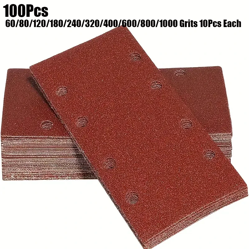 100Pcs 93 x 185 mm Sanding Sheets 8 Holes Hook and Loop Rectangular Sander Assorted for Polishing Sanding Metal
