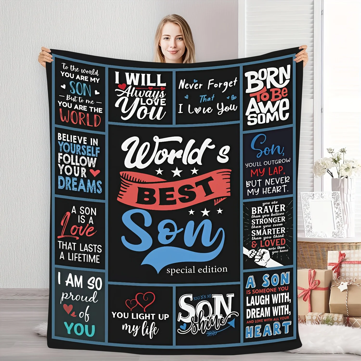 1pc Comfortable Transferring Love and Warmth to the World's Best Son French Theme Pattern Printed Flannel Blanket, Fashionable,