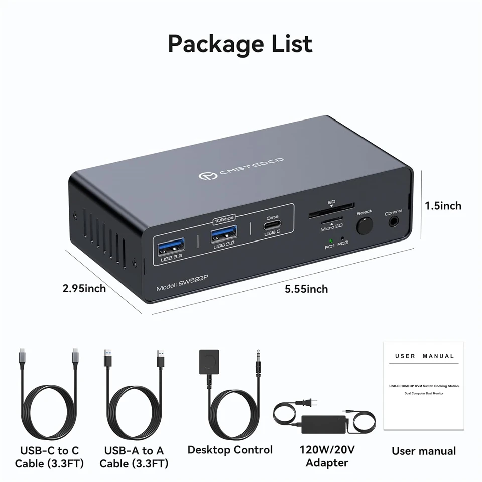 4K@120Hz USB C DP KVM Switch Docking Station 2 PC 2 Monitors USB 3.2 Switches Du