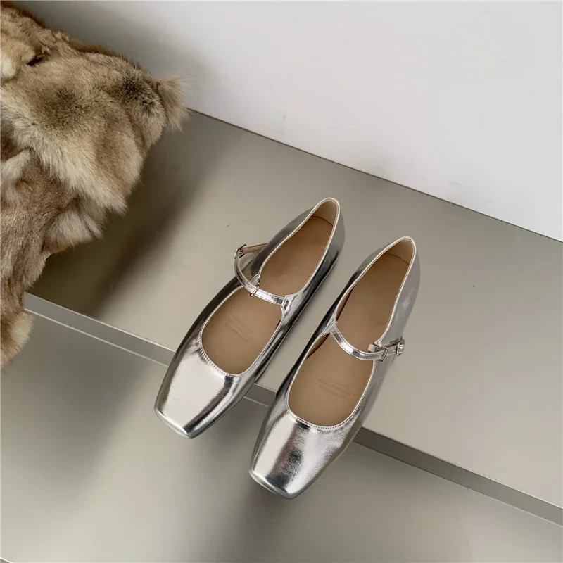 New Square Toe Ballet Shoes Fashion Low Heel Mary Jane Shoes Casaul Silver Shallow Buckle Soft Sole Shoes Zapatos De Mujer