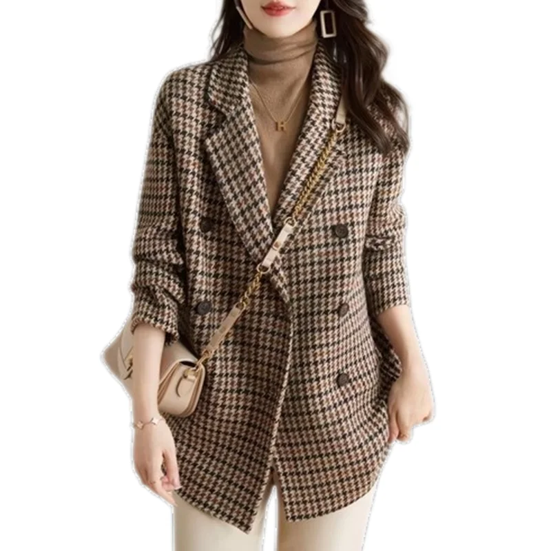 2024 New Autumn Winter Women Notched Neck Long Jacket Coat High Quality Korean Fashion Vintage Houndstooth Woolen Coat