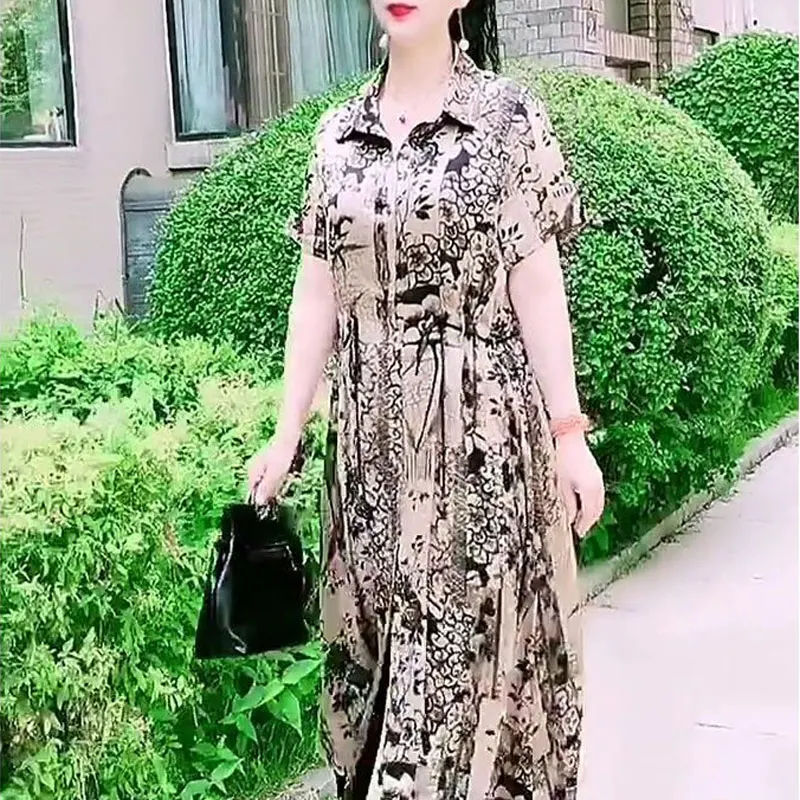 Vintage Printed Single-breasted Midi Dress Casual Turn-down Collar Fashion Drawstring 2023 Summer Female Clothing A-Line Dresses