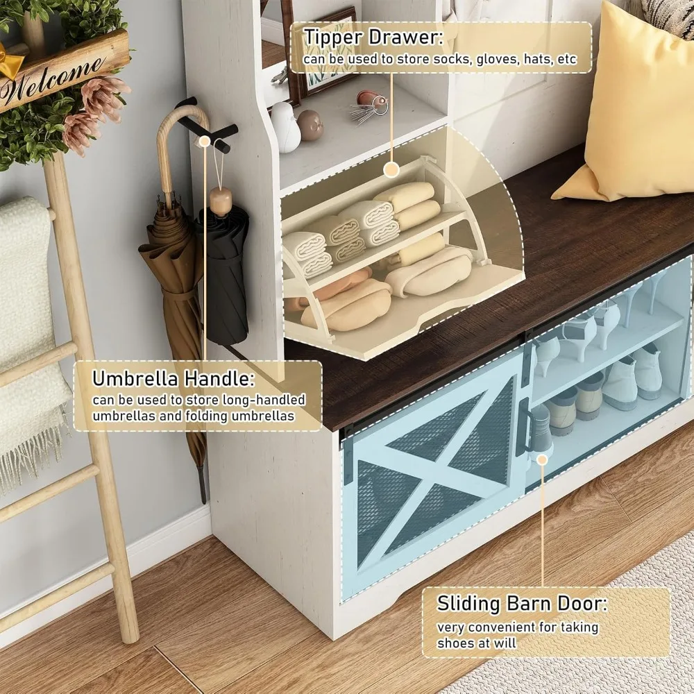 شجرة قاعة LED على طراز المزرعة بطول 75 بوصة مع مقعد، رف معطف، 16 مكعب لتخزين الأحذية، حامل مظلة للمدخل