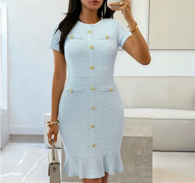 

Summer French Style Small Fragrance Elegant Slim Fit Hip Hugging Dress, Ladies' Temperament, Socialite Style Solid Color Dress