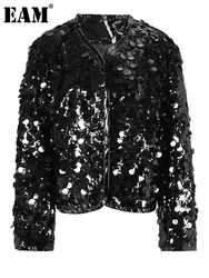 [EAM] Loose Fit Black Sequines Big Size Shining Jacket New O-neck Long Sleeve Women Coat Fashion Tide Spring Autumn 2024 1DH3333