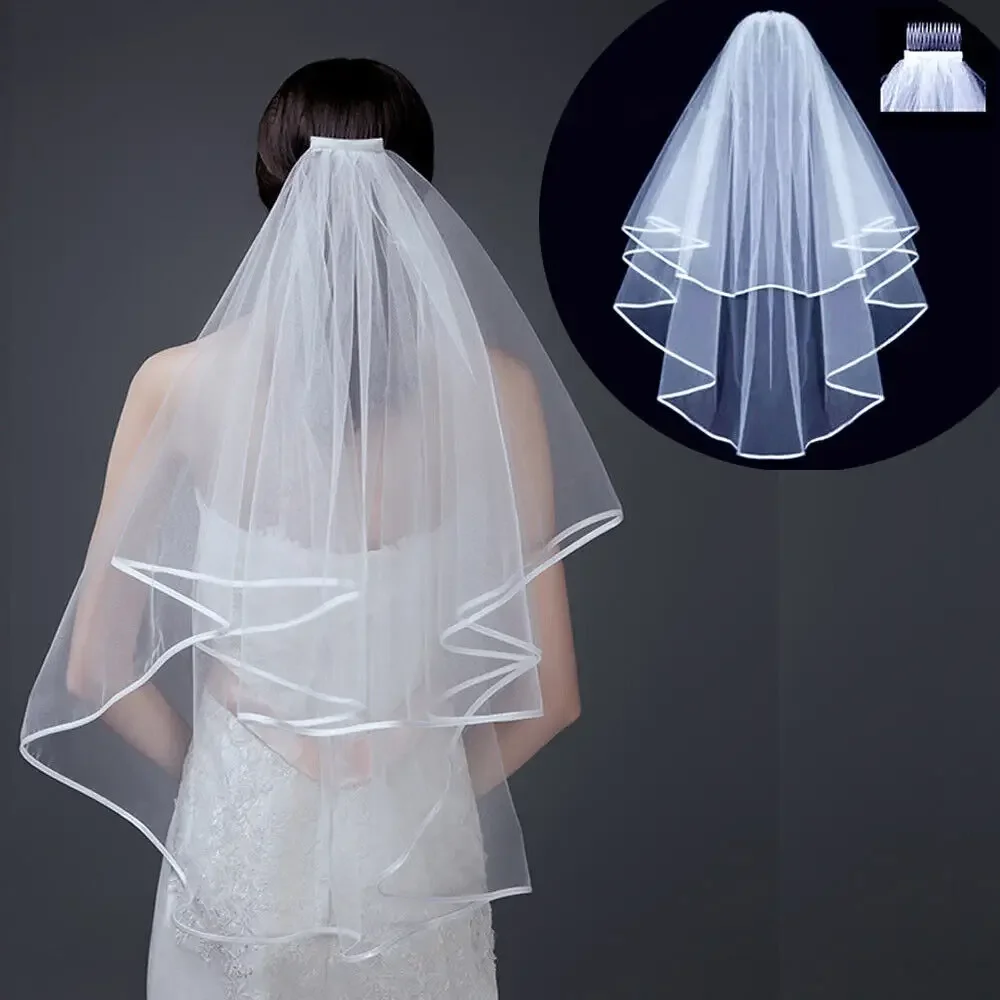 New White Ivory Wedding 2T Elbow Length Satin Ribbon Edge Comb Bride Bridal Veils