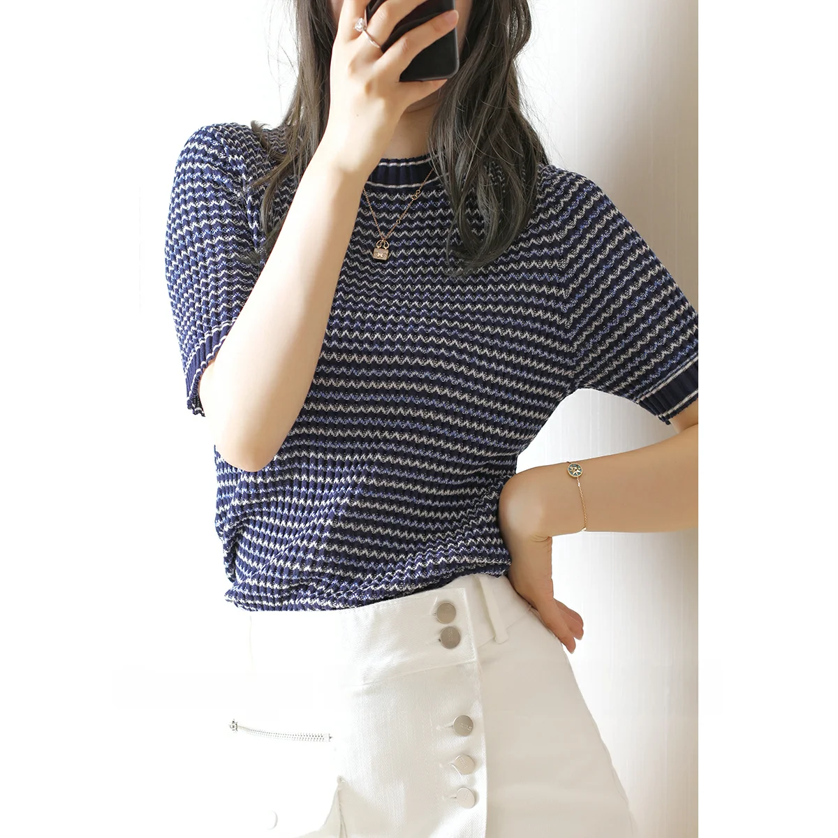 Faionable tricoté coupe ajustée rond Ne T-irt avec motif tapisserie ort Sve femmes haut d'été Quali comptoir marchandises