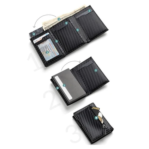 Imagen 1 del producto Cartera plegable para hombre de fibra de carbono y aluminio, tarjetero emergente automático con bloqueo RFID y compartimentos para monedas, monedero delgado