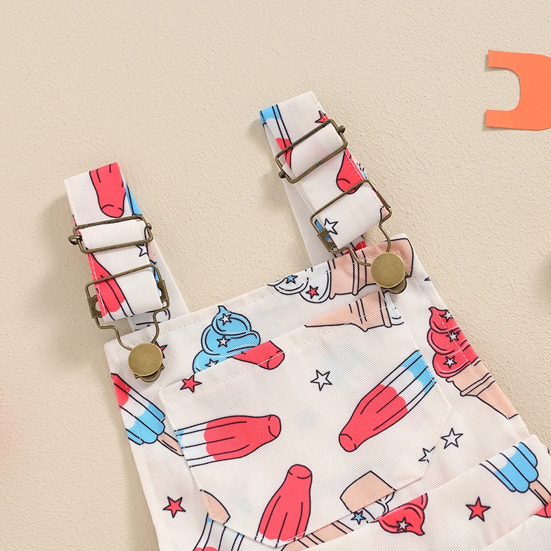 Girls Summer Independence Day Jumpsuit Sleeveless Ice Cream Firework Print Suspender Shorts