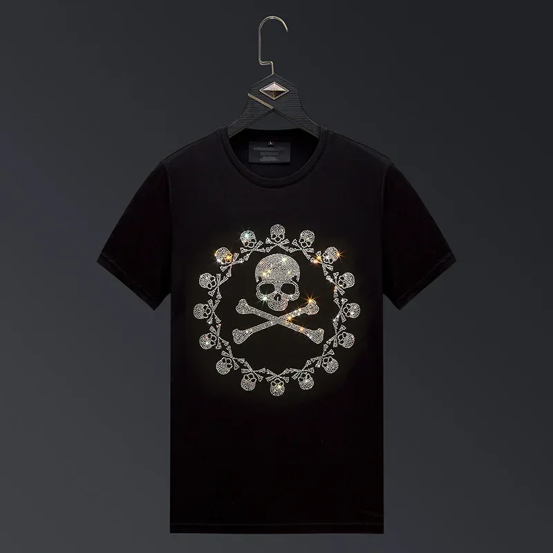 

Плюс размер 2025, модные футболки с бриллиантами и черепами, мужские брендовые футболки с коротким рукавом, мужская уличная одежда с круглым вырезом, тонкие Camisetas Calavera Hombre