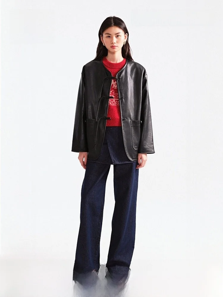 

Fashionable Loose Shoulder round Neck Button up Leather Jacket Women's Casual Style PU Leather Coat H&M 1328952 Spring Season
