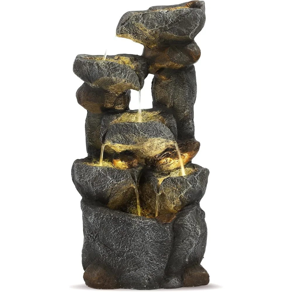 

6 Tier Cascading Rock Water Fountain- 35" H Outdoor Garden Fountain Waterfalls with 6 LED Lights and Pump, Indoor/Outdoor Modern