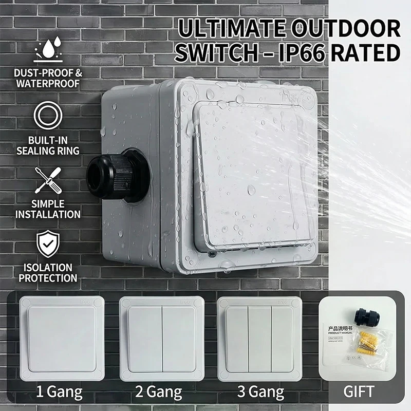 IP66 Rated Outdoor Wall Switch - 16A Weatherproof Push Button, 1/2/3 Gang for Home, Garden & Exterior Electrical Applications