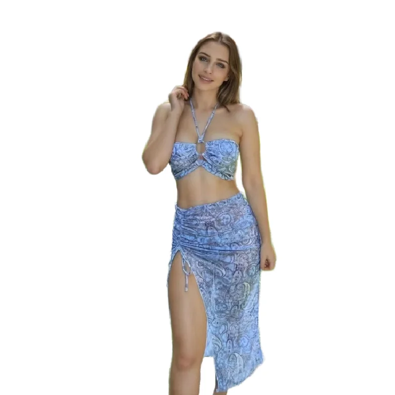 ผู้หญิง Paisley ชุดบิกินี่ Pareo กับกระโปรง sarong เซ็กซี่ Bohemian Beach Dress Beachwear ชุดว่ายน้ํา 2 ชิ้น COVER-Up ฤดูร้อนชุด