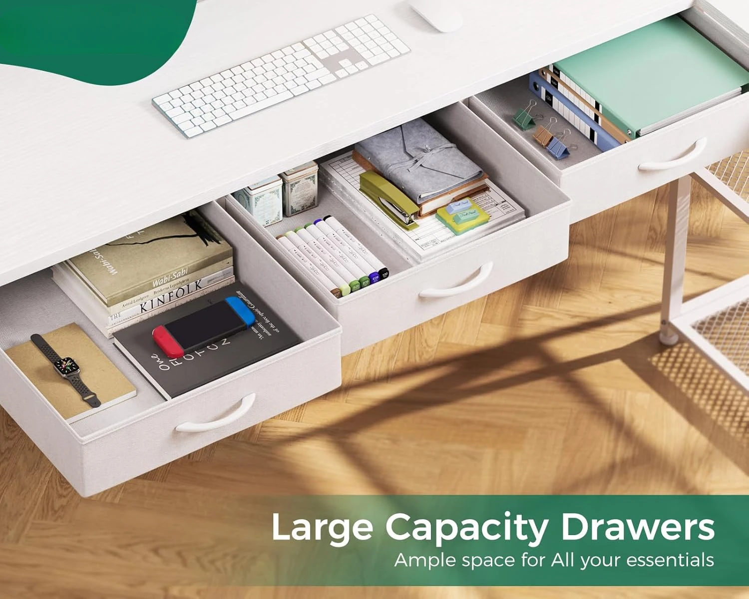 53 Inch L Shaped Computer Desk with Drawers, Corner Desk with Power Outlets & Reversible Storage Shelves, Movable CPU Stand