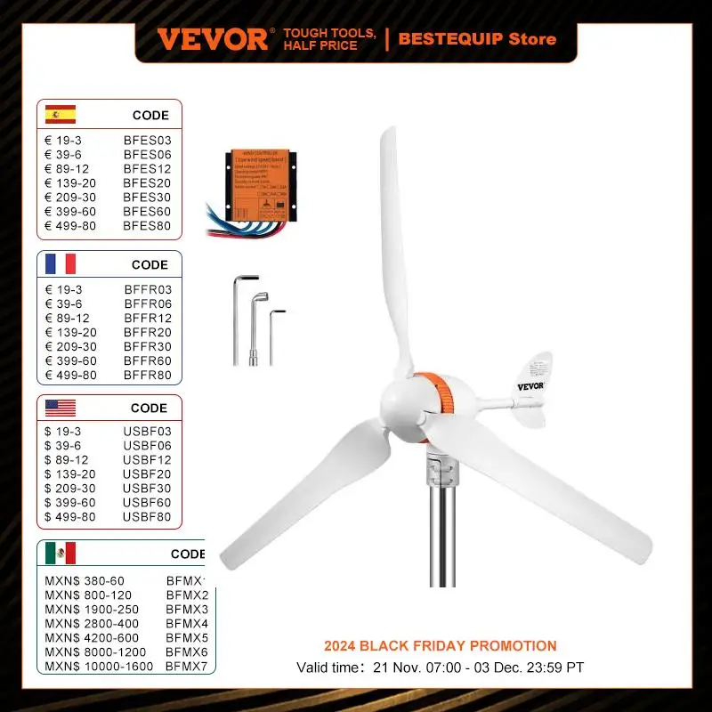 VEVOR Wind Turbine Generator 12V AC 300W-500W Wind Power Generator W/ MPPT Controller 3 5 Blades Auto Adjust Windward Home Use