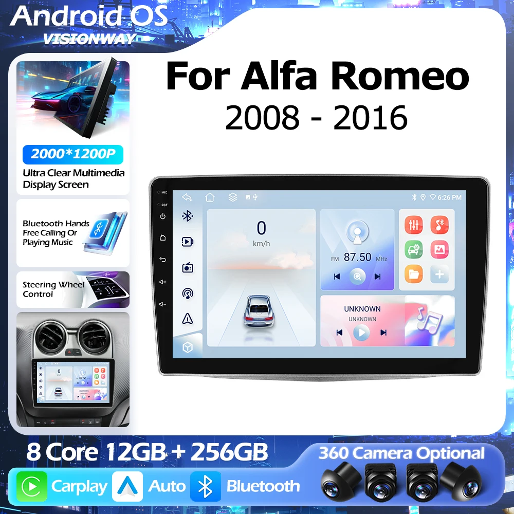 

Android 16 беспроводной CarPlay для Alfa Romeo MiTo 955 2008-2016 GPS-навигация мультимедийный плеер авто WIFI 4G QLED 2000*1200P